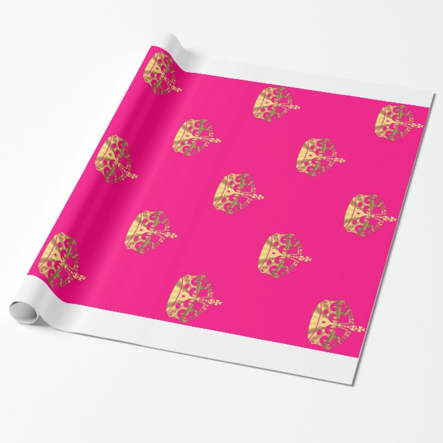 Papier Cadeau Rose et motif de couronne d'or (Déroulé)