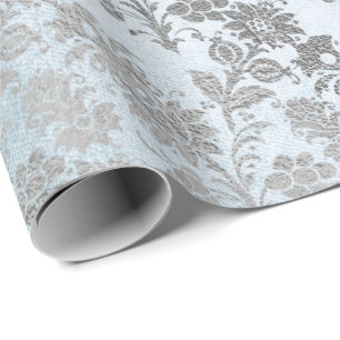 Papier Cadeau Rose floral bleu Royal Argent