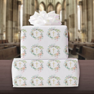 Papier Cadeau Rose Floral Garland Christian Gold Cross