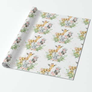 Papier Cadeau Rose Floral mignon Jungle Animaux Elephant Giraffe