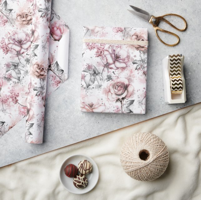 Papier Cadeau Rose florale rose élégante (Artisanat)