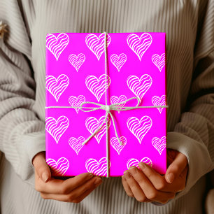 Papier Cadeau Rose Fuchsia Chic Cœurs Blancs Ondulés Rayés