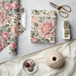 Papier Cadeau Rose géante rose botanique et boutons