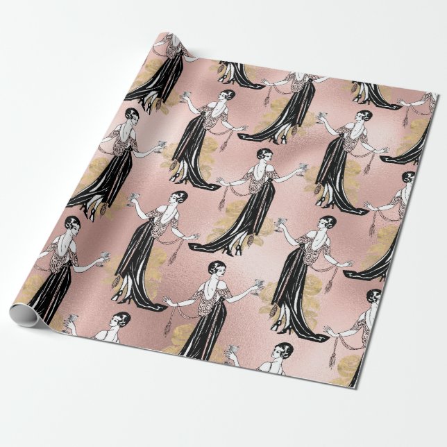 Papier Cadeau Rose Gold et Rose Pâle Art Déco Vin (Déroulé)
