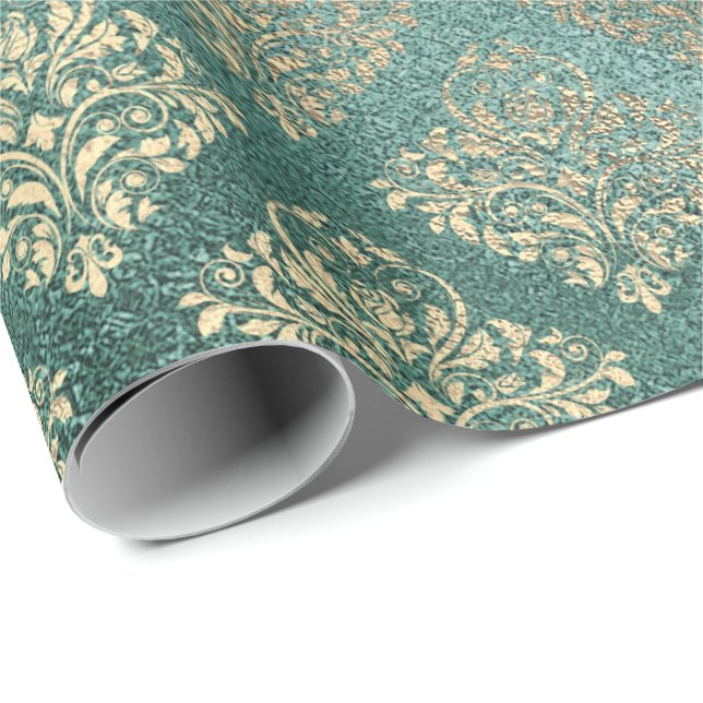 Papier Cadeau Rose Gold Foxier Damask Turquoise verre brillant m (Coin rond)