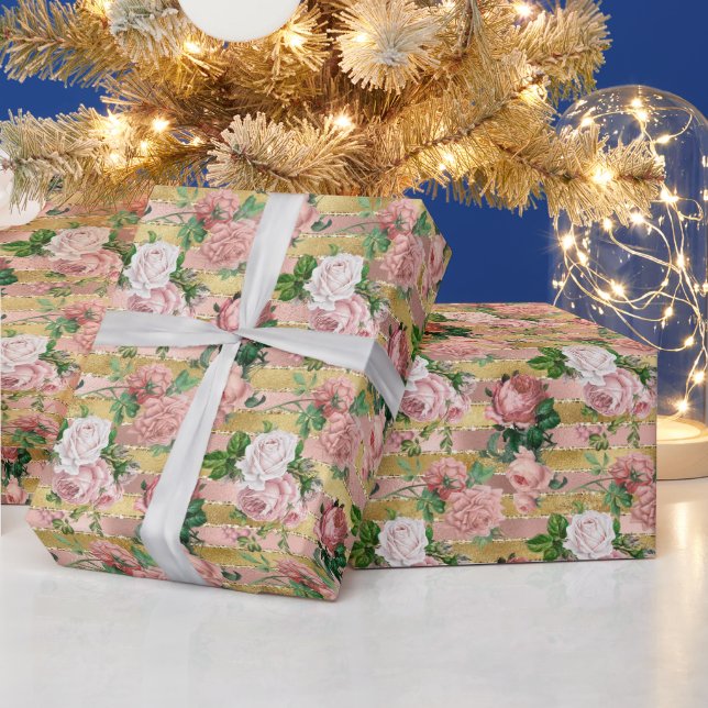 Papier Cadeau Rose Gold Glam Glitz Roses Flore rayures (Vacances)