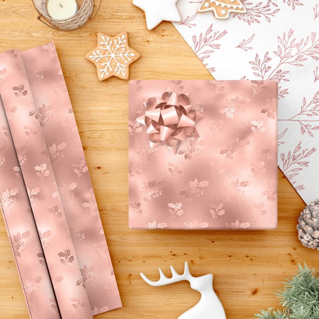 Papier Cadeau Rose Gold Noël Holly Feuilles Élégant (Créateur téléchargé)