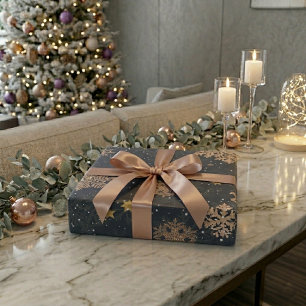 Papier Cadeau Rose Gold Pailleté Flocons de Neige Gris Élégant M