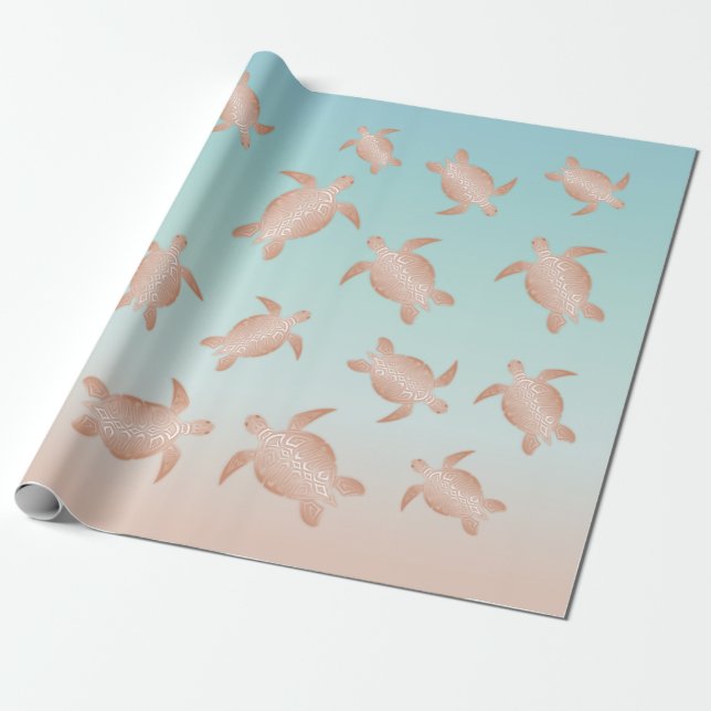 Papier Cadeau Rose Gold Sea Turtles Beach Style (Déroulé)