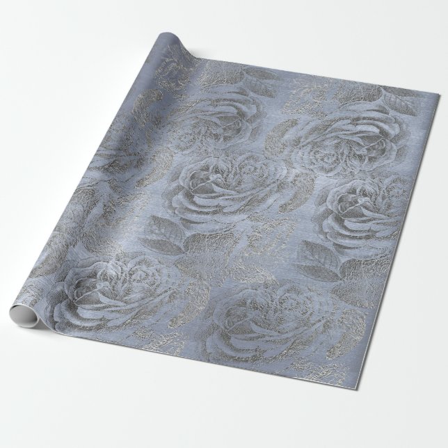Papier Cadeau Rose gris argenté Floral bleu pastel Velvet (Déroulé)