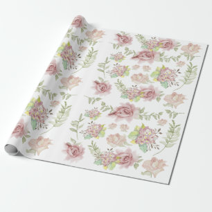 Papier Cadeau Rose Hydrangea Floral Aquarelle Bleu Rose Sage