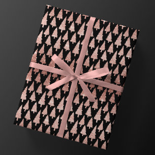Papier Cadeau Rose métallique Arbres de Noël en or sur cadeau no