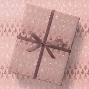 Papier Cadeau Rose métallique Arbres de Noël Or sur Mauve Cadeau