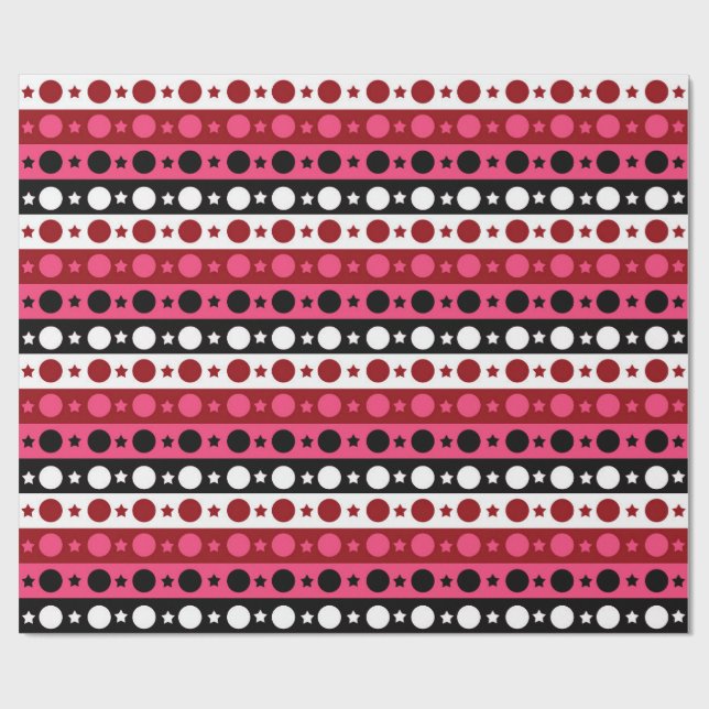 Papier Cadeau Rose noir blanc Cercle Étoiles rayures Design (Plat)