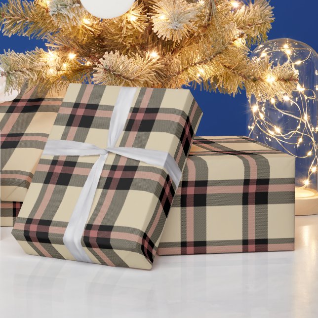 Papier Cadeau Rose, noir et tan plaid (Vacances)