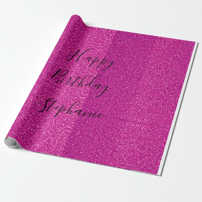 Papier Cadeau Rose noir joyeux anniversaire paillettes nom perso (Déroulé)