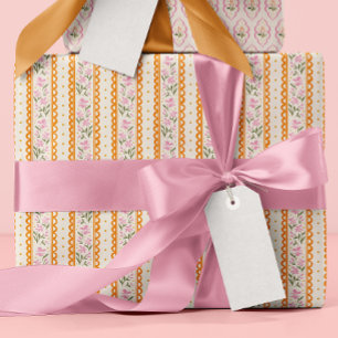 Papier Cadeau Rose Orange Motif Floral Rayures Imprimé