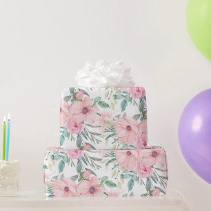 Papier Cadeau Rose Pâle Élégant Aquarelle Fleurs Feuilles Blanch