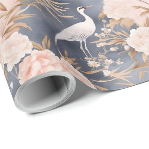 Papier Cadeau Rose Pâle Gris Fleur Asiatique Oiseau