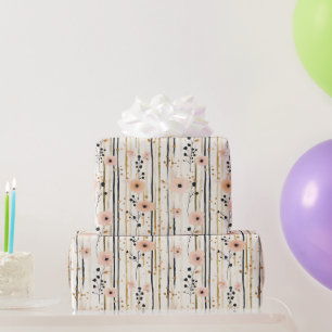 Papier Cadeau Rose Pâle Or Aquarelle Fleurs Rayures Anniversaire