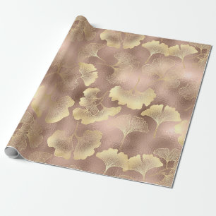 Papier Cadeau Rose Pâle Or Feuilles de Ginkgo Élégant Botanique