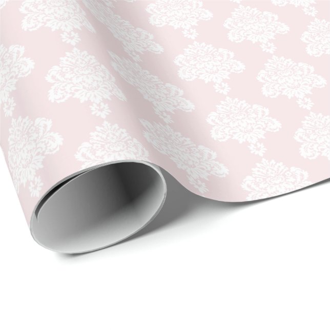 Papier Cadeau Rose pale | Papier blanc à enveloppement de Damas (Coin rond)