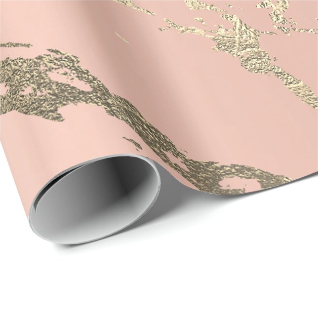 Papier Cadeau Rose Peach Blush pastel Gold Marble brillant Abstr (Coin rond)