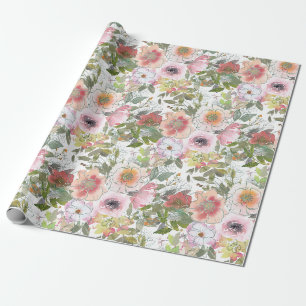 Papier Cadeau Rose poudrée aquarelle florale verdure