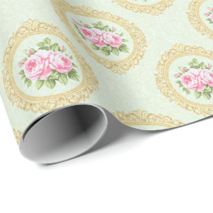 Papier Cadeau Rose rose élégante et cadre doré