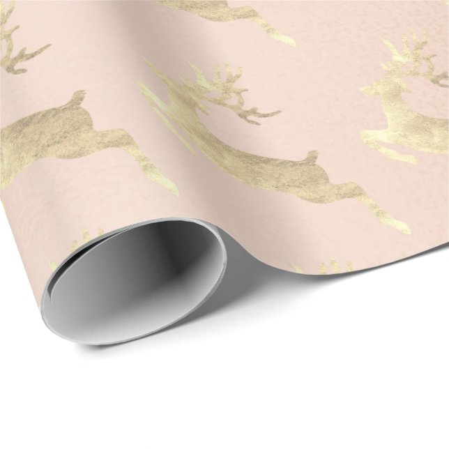 Papier Cadeau Rose Rose Gold Reindeer vacances Noël Delicé (Coin rond)