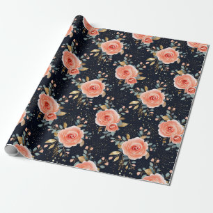 Papier Cadeau Rose rose, marine et or élégant floral