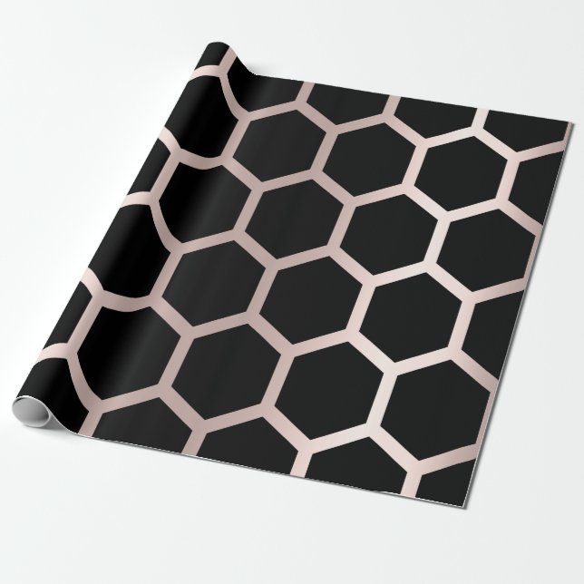 Papier Cadeau Rose rose Noir Géométrie Noir Hexagon Combe (Déroulé)