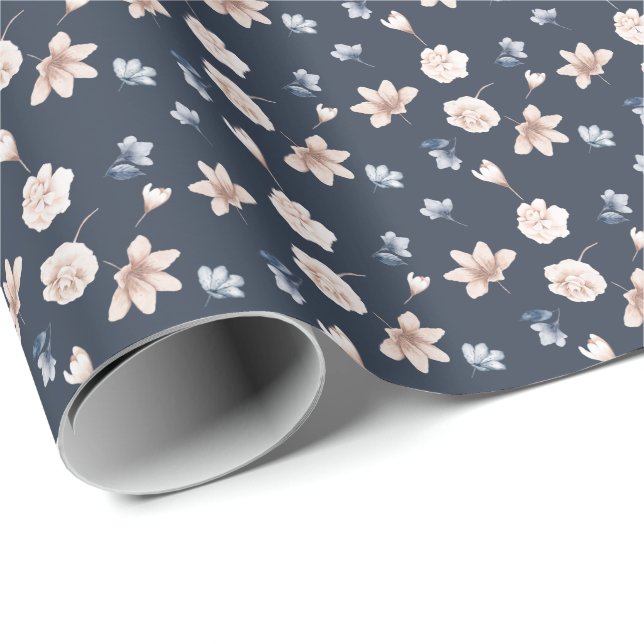 Papier Cadeau Rose saumon bleu marine floral  (Coin rond)