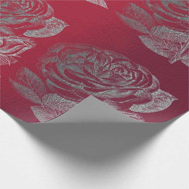Papier Cadeau Rose Silver Grey Métallo Floral Rouge Vin Chic (Coin)