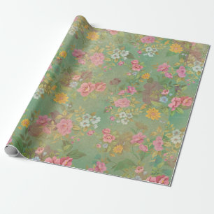Papier Cadeau Rose sur Vert Vintage