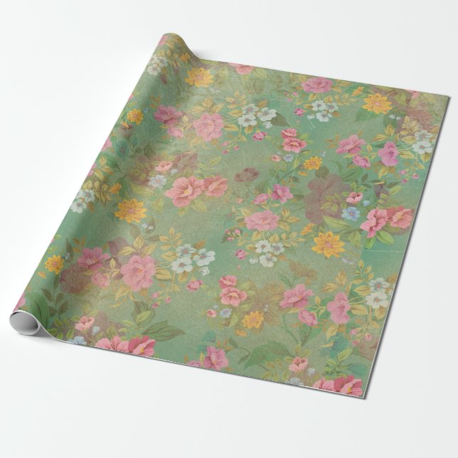 Papier Cadeau Rose sur Vert Vintage (Déroulé)