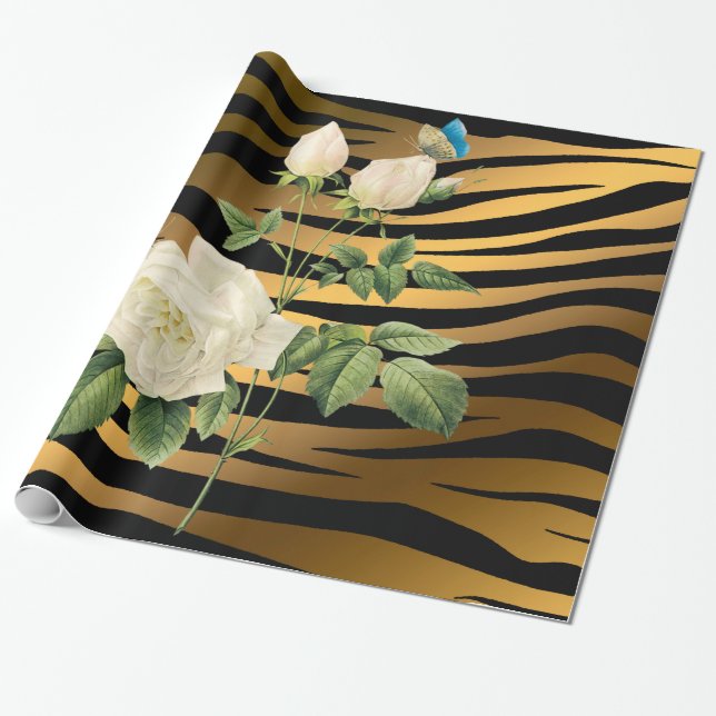 Papier Cadeau Rose Tigar de luxe moderne Black Gold (Déroulé)