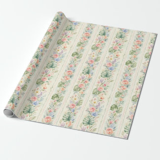 Papier Cadeau Rose Tropicale Fleurie Rayure Aquarelle Cadeau