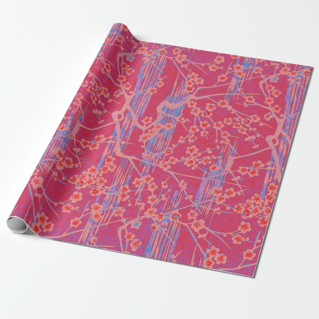 Papier Cadeau ROSE TURQUOISE SAKURA FLEURS JAUNES Floral (Déroulé)