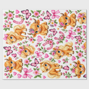 Papier cadeau rose vache et poney Western Highland