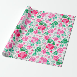 Papier Cadeau Rose Vert Rose Pétales Fleurs Jardin Mariage