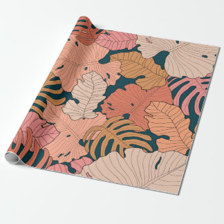 Papier Cadeau rose vif, orange, jaune feuilles de monstère et