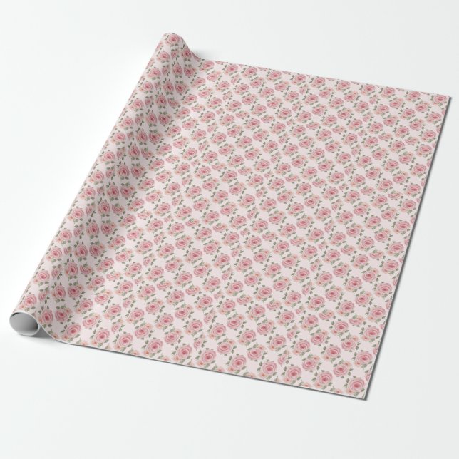 Papier Cadeau Roseraie rose vintage cottage motif floral (Déroulé)