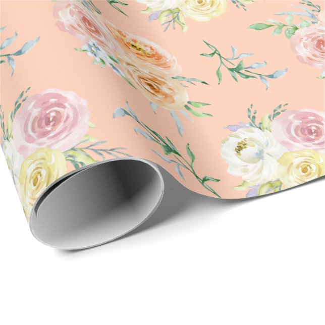 Papier Cadeau Roses aquarelle sur Orange (Coin rond)