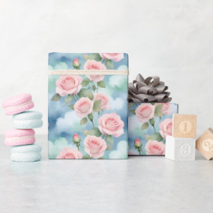 Papier Cadeau Roses aux teintes aquarelles de rose clair et vert
