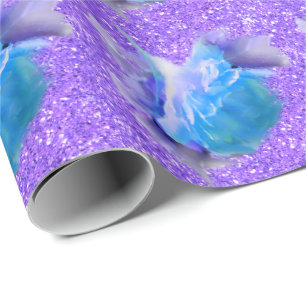 Papier Cadeau Roses bleu aquarelle, parties scintillant violette
