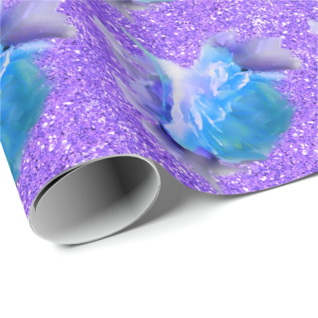 Papier Cadeau Roses bleu aquarelle, parties scintillant violette (Coin rond)