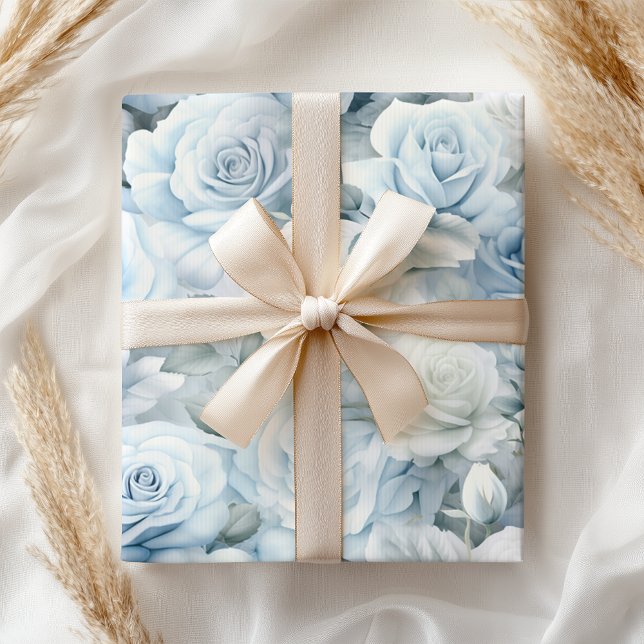 Papier Cadeau Roses Bleues Pâles Pastel Mariage de Rêve (Créateur téléchargé)