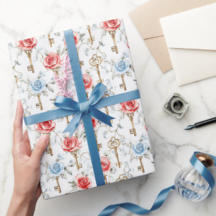 Papier Cadeau Roses Bleues Rouges Clés Dorées Baby Shower