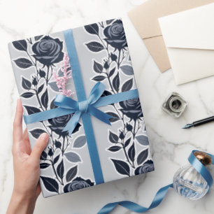 Papier Cadeau Roses Bleus Foncés Avec Des Feuilles Argentées